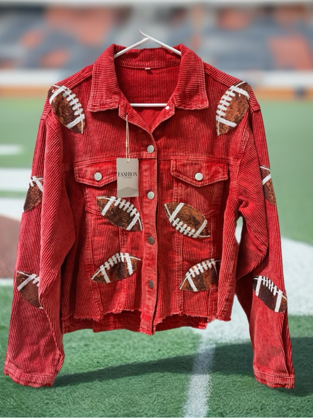 Women’s Red Corduroy Sequin Shacket with Football Appliqués Size M